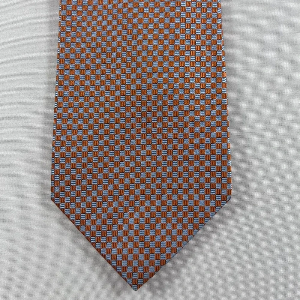Drakes London Barneys New York Tie Mens Orange Blue Silk Check Handmade England
